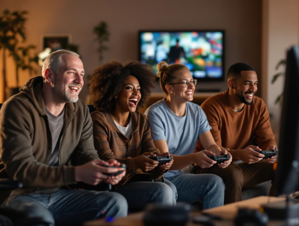 Image générée par l'IA représentant 4 personnes jouant aux jeux vidéo. 2 hommes et deux femmes.