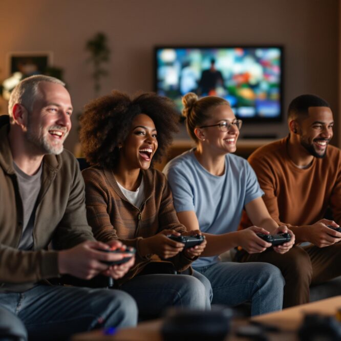 Image générée par l'IA représentant 4 personnes jouant aux jeux vidéo. 2 hommes et deux femmes.