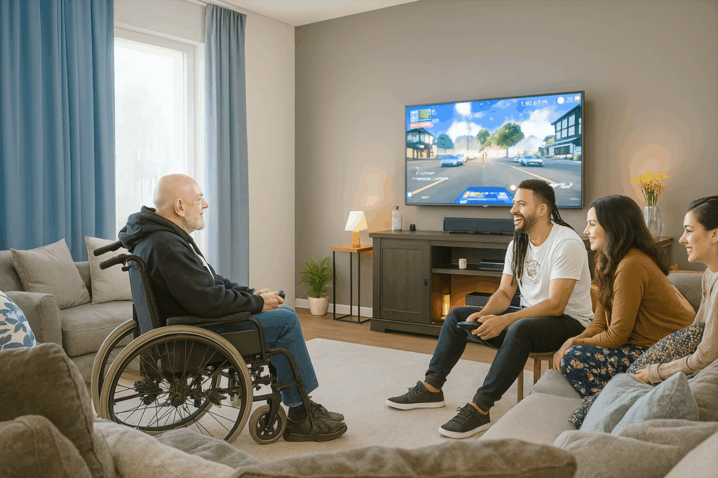 Image générée par l'IA représentant 4 personnes jouant aux jeux vidéo dans un salon. 2 hommes dont un en situation de handicap et deux femmes.