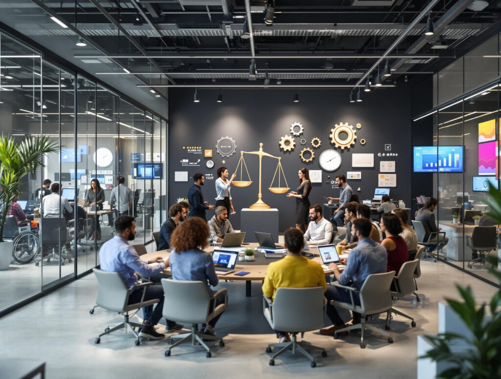 Image générée par l'IA représentant la parité dans le monde professionnel. Groupe de personnes en réunion.