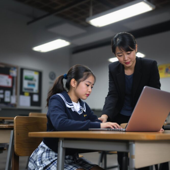 Image représentant une jeune fille asiatique à l'école prenant un cours de code avec une institutrice.