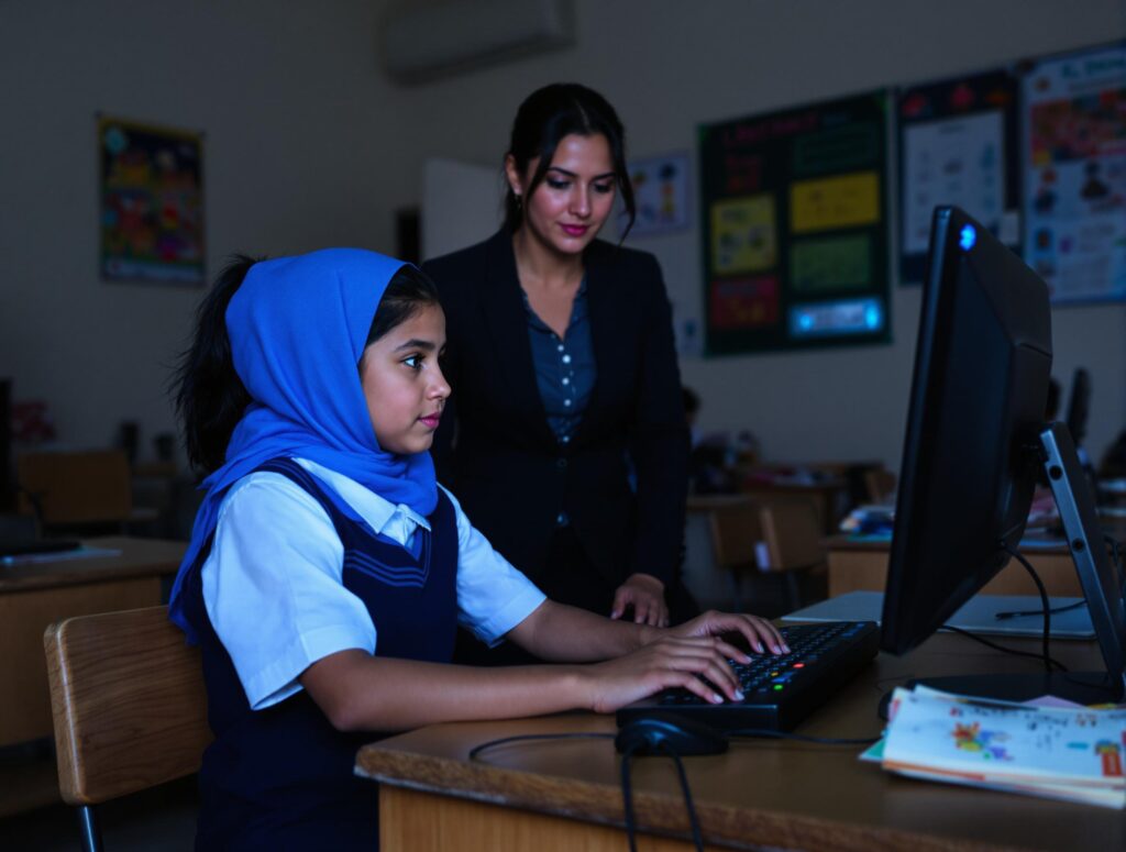 Image représentant une jeune fille maghrébine à l'école prenant un cours de code avec une institutrice.