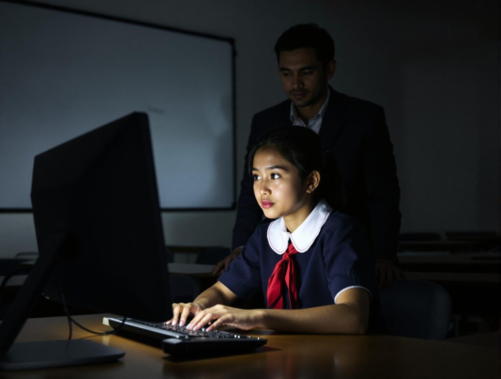 Image représentant une jeune fille asiatique à l'école pratiquant le code avec un instituteur.