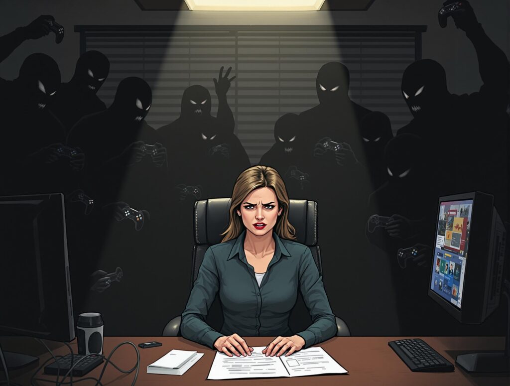 Image représentant une femme assise à son bureau et se faisant harceler sur son lieu de travail.